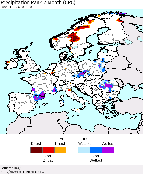 Europe Precipitation Rank since 1981, 2-Month (CPC) Thematic Map For 4/21/2020 - 6/20/2020