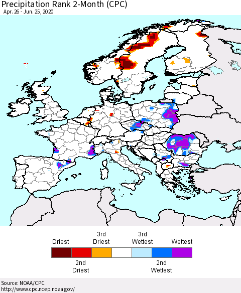 Europe Precipitation Rank 2-Month (CPC) Thematic Map For 4/26/2020 - 6/25/2020