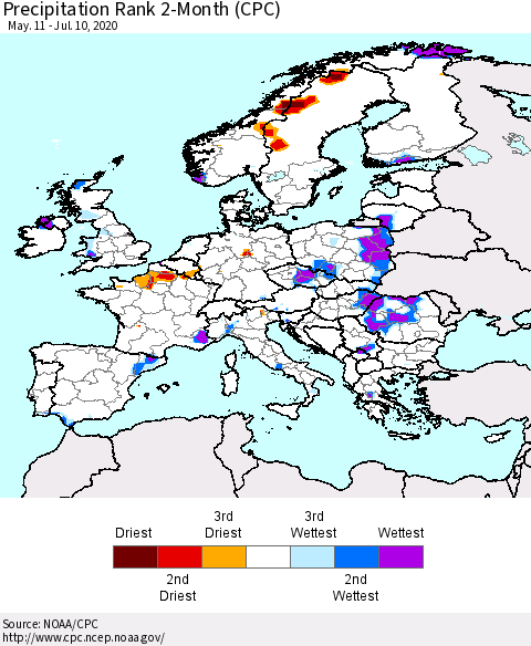 Europe Precipitation Rank 2-Month (CPC) Thematic Map For 5/11/2020 - 7/10/2020