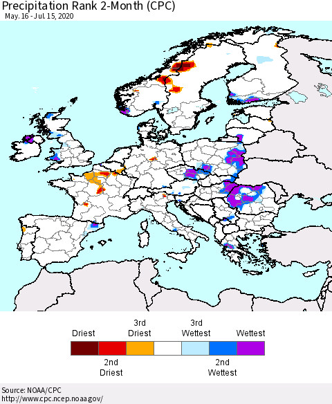 Europe Precipitation Rank 2-Month (CPC) Thematic Map For 5/16/2020 - 7/15/2020