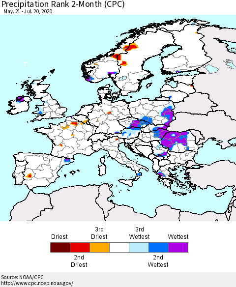 Europe Precipitation Rank since 1981, 2-Month (CPC) Thematic Map For 5/21/2020 - 7/20/2020