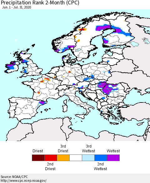 Europe Precipitation Rank since 1981, 2-Month (CPC) Thematic Map For 6/1/2020 - 7/31/2020