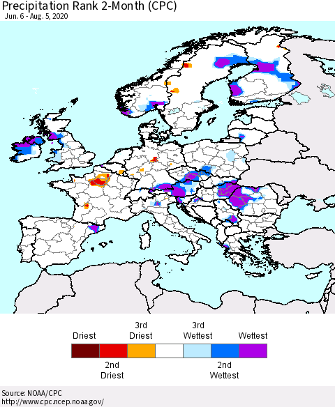 Europe Precipitation Rank since 1981, 2-Month (CPC) Thematic Map For 6/6/2020 - 8/5/2020
