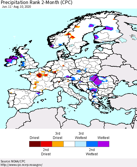 Europe Precipitation Rank 2-Month (CPC) Thematic Map For 6/11/2020 - 8/10/2020