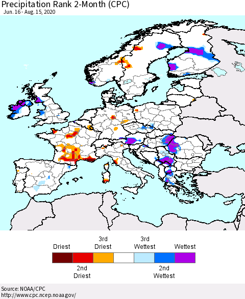 Europe Precipitation Rank 2-Month (CPC) Thematic Map For 6/16/2020 - 8/15/2020