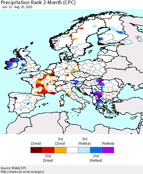 Europe Precipitation Rank 2-Month (CPC) Thematic Map For 6/21/2020 - 8/20/2020