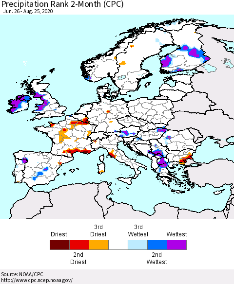 Europe Precipitation Rank 2-Month (CPC) Thematic Map For 6/26/2020 - 8/25/2020