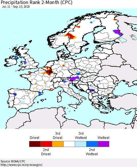 Europe Precipitation Rank 2-Month (CPC) Thematic Map For 7/11/2020 - 9/10/2020