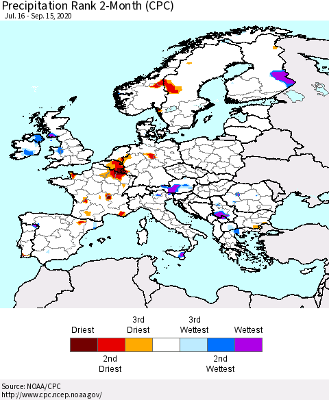 Europe Precipitation Rank 2-Month (CPC) Thematic Map For 7/16/2020 - 9/15/2020