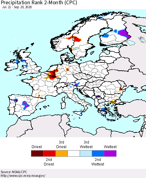 Europe Precipitation Rank 2-Month (CPC) Thematic Map For 7/21/2020 - 9/20/2020