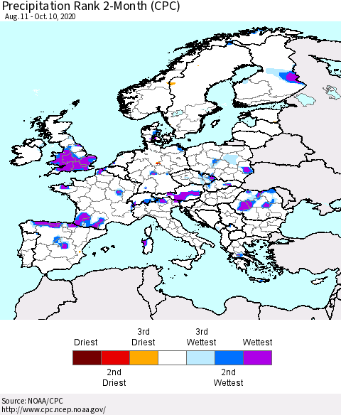 Europe Precipitation Rank 2-Month (CPC) Thematic Map For 8/11/2020 - 10/10/2020