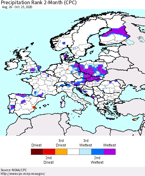 Europe Precipitation Rank since 1981, 2-Month (CPC) Thematic Map For 8/26/2020 - 10/25/2020