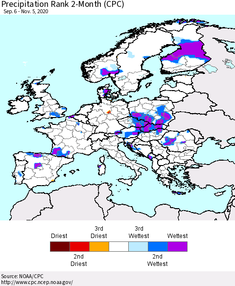 Europe Precipitation Rank 2-Month (CPC) Thematic Map For 9/6/2020 - 11/5/2020