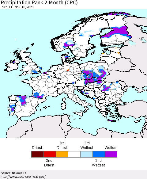 Europe Precipitation Rank 2-Month (CPC) Thematic Map For 9/11/2020 - 11/10/2020