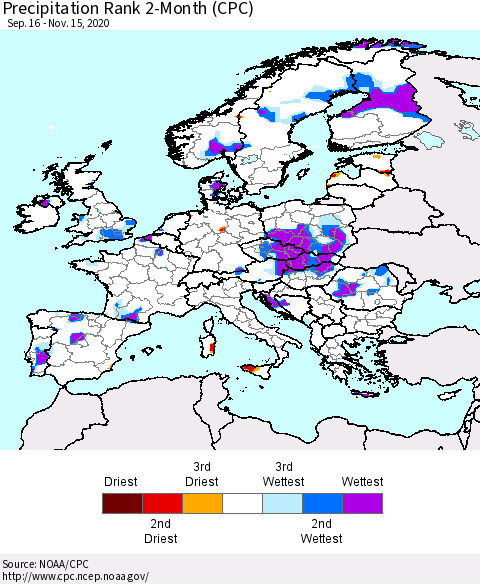 Europe Precipitation Rank since 1981, 2-Month (CPC) Thematic Map For 9/16/2020 - 11/15/2020