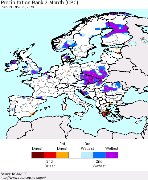 Europe Precipitation Rank since 1981, 2-Month (CPC) Thematic Map For 9/21/2020 - 11/20/2020