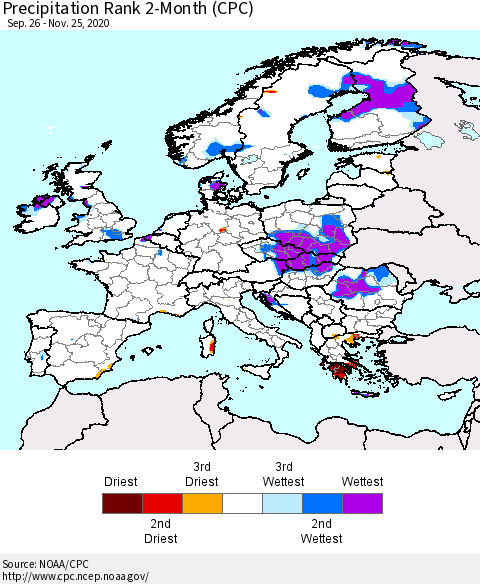 Europe Precipitation Rank 2-Month (CPC) Thematic Map For 9/26/2020 - 11/25/2020