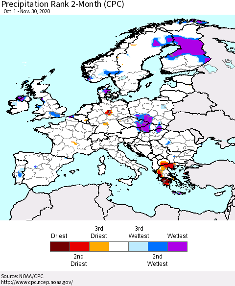 Europe Precipitation Rank since 1981, 2-Month (CPC) Thematic Map For 10/1/2020 - 11/30/2020