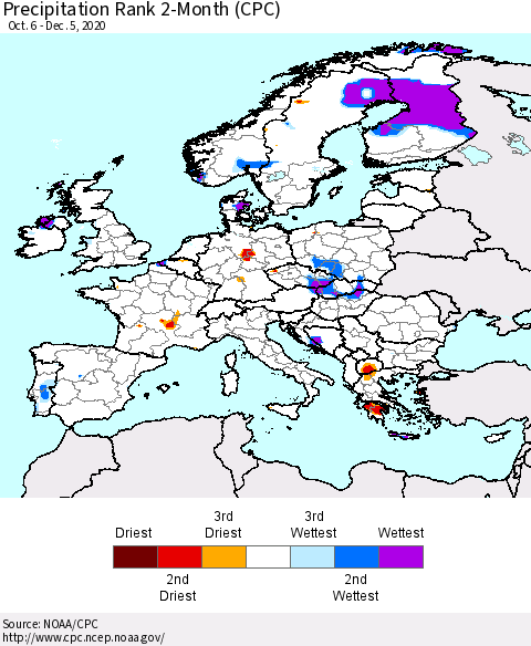 Europe Precipitation Rank 2-Month (CPC) Thematic Map For 10/6/2020 - 12/5/2020