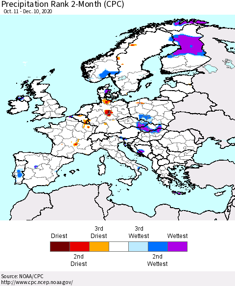 Europe Precipitation Rank since 1981, 2-Month (CPC) Thematic Map For 10/11/2020 - 12/10/2020