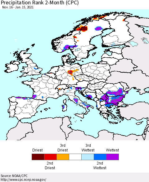 Europe Precipitation Rank since 1981, 2-Month (CPC) Thematic Map For 11/16/2020 - 1/15/2021