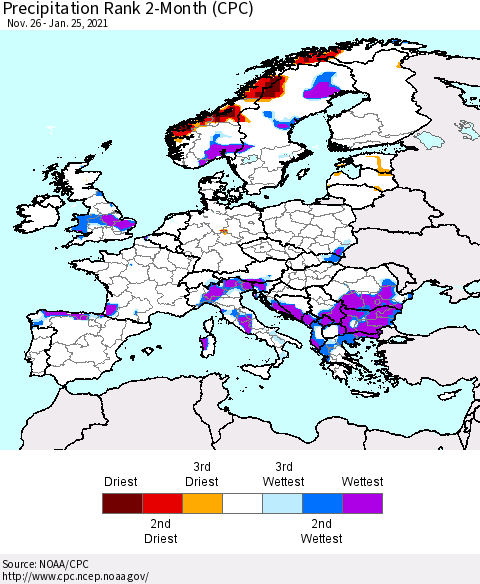 Europe Precipitation Rank 2-Month (CPC) Thematic Map For 11/26/2020 - 1/25/2021