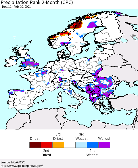 Europe Precipitation Rank 2-Month (CPC) Thematic Map For 12/11/2020 - 2/10/2021