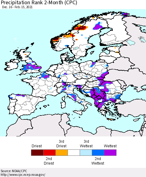 Europe Precipitation Rank 2-Month (CPC) Thematic Map For 12/16/2020 - 2/15/2021