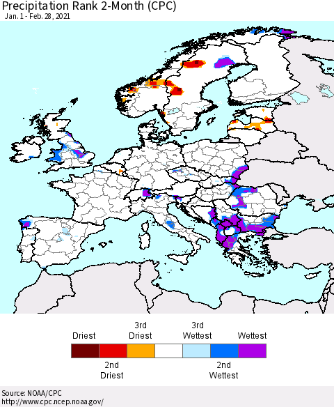 Europe Precipitation Rank 2-Month (CPC) Thematic Map For 1/1/2021 - 2/28/2021