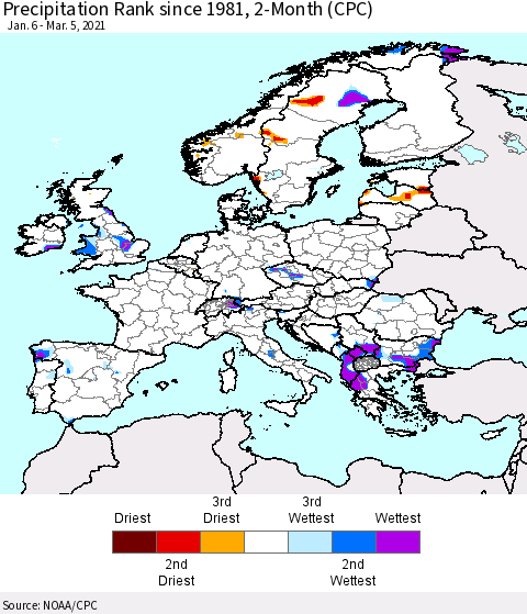 Europe Precipitation Rank 2-Month (CPC) Thematic Map For 1/6/2021 - 3/5/2021