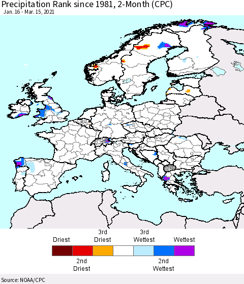 Europe Precipitation Rank since 1981, 2-Month (CPC) Thematic Map For 1/16/2021 - 3/15/2021