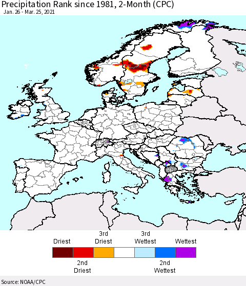Europe Precipitation Rank since 1981, 2-Month (CPC) Thematic Map For 1/26/2021 - 3/25/2021