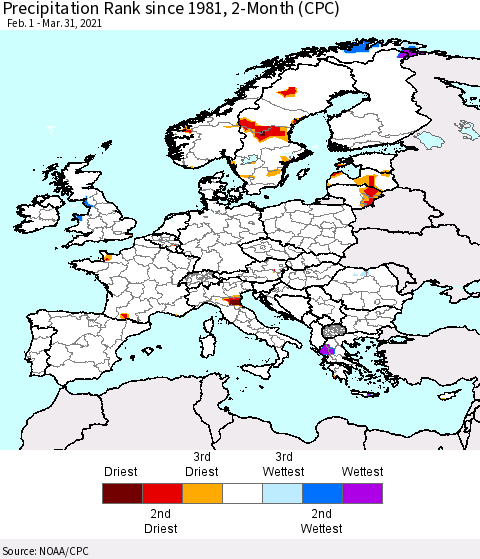 Europe Precipitation Rank 2-Month (CPC) Thematic Map For 2/1/2021 - 3/31/2021