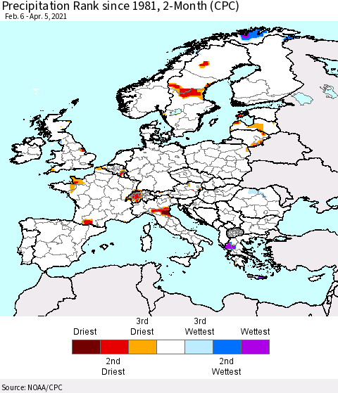 Europe Precipitation Rank since 1981, 2-Month (CPC) Thematic Map For 2/6/2021 - 4/5/2021