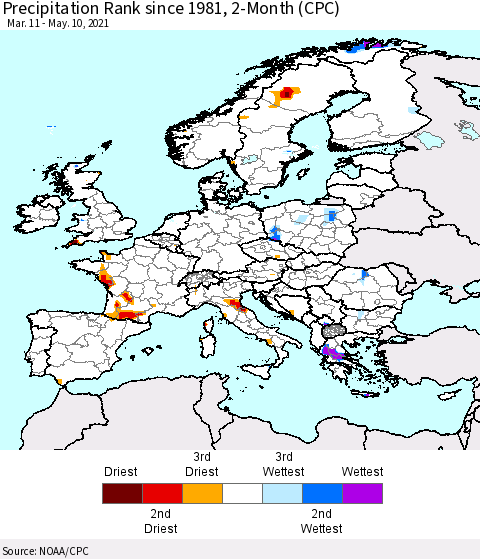 Europe Precipitation Rank since 1981, 2-Month (CPC) Thematic Map For 3/11/2021 - 5/10/2021