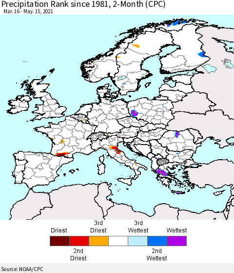 Europe Precipitation Rank 2-Month (CPC) Thematic Map For 3/16/2021 - 5/15/2021