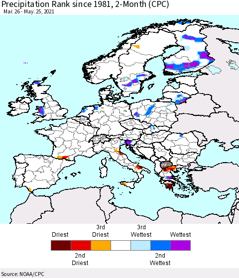 Europe Precipitation Rank 2-Month (CPC) Thematic Map For 3/26/2021 - 5/25/2021