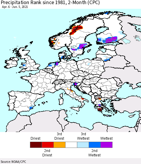 Europe Precipitation Rank 2-Month (CPC) Thematic Map For 4/6/2021 - 6/5/2021