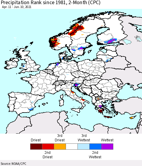Europe Precipitation Rank 2-Month (CPC) Thematic Map For 4/11/2021 - 6/10/2021