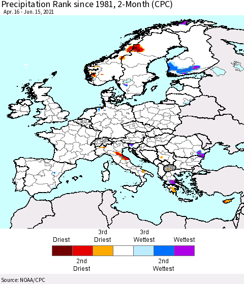 Europe Precipitation Rank since 1981, 2-Month (CPC) Thematic Map For 4/16/2021 - 6/15/2021