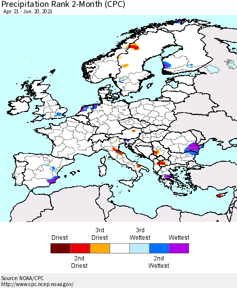 Europe Precipitation Rank 2-Month (CPC) Thematic Map For 4/21/2021 - 6/20/2021
