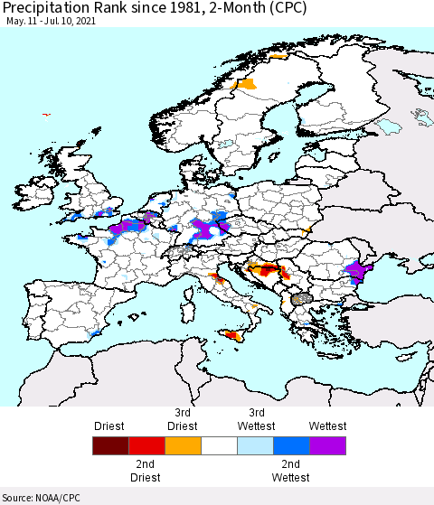 Europe Precipitation Rank 2-Month (CPC) Thematic Map For 5/11/2021 - 7/10/2021