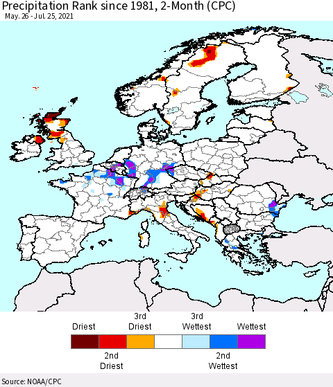 Europe Precipitation Rank since 1981, 2-Month (CPC) Thematic Map For 5/26/2021 - 7/25/2021