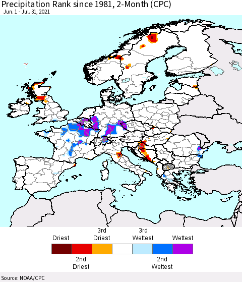 Europe Precipitation Rank 2-Month (CPC) Thematic Map For 6/1/2021 - 7/31/2021