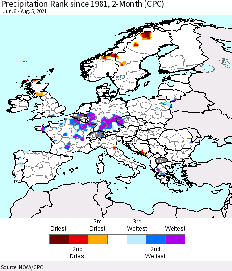 Europe Precipitation Rank since 1981, 2-Month (CPC) Thematic Map For 6/6/2021 - 8/5/2021