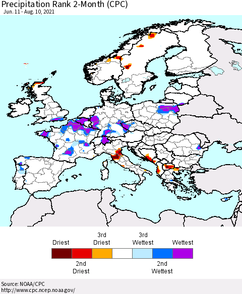 Europe Precipitation Rank 2-Month (CPC) Thematic Map For 6/11/2021 - 8/10/2021