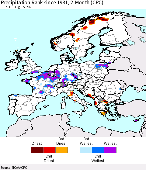 Europe Precipitation Rank since 1981, 2-Month (CPC) Thematic Map For 6/16/2021 - 8/15/2021