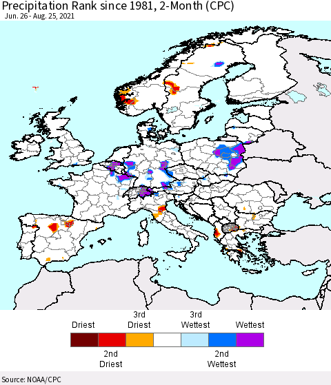 Europe Precipitation Rank 2-Month (CPC) Thematic Map For 6/26/2021 - 8/25/2021