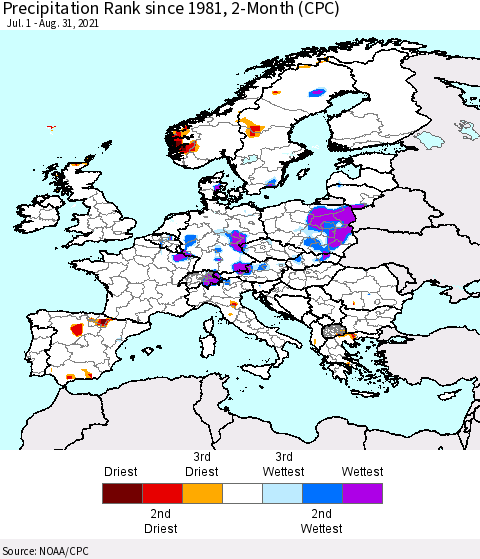 Europe Precipitation Rank 2-Month (CPC) Thematic Map For 7/1/2021 - 8/31/2021