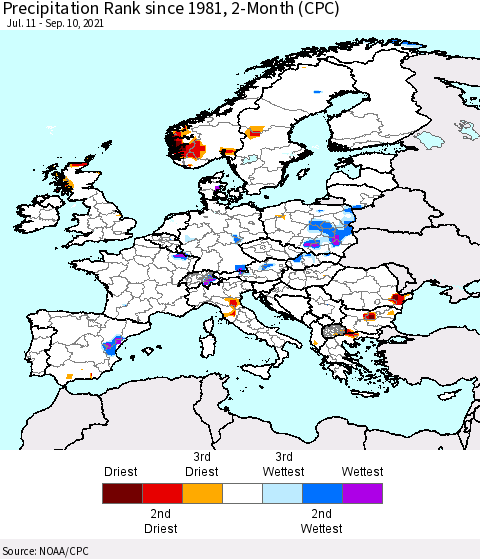 Europe Precipitation Rank 2-Month (CPC) Thematic Map For 7/11/2021 - 9/10/2021